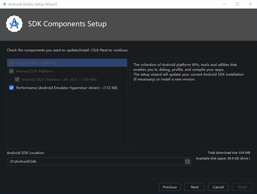 Setup Wizard 的 SDK Components Setup 页面，Android SDK Location 设置为非系统盘的英文路径，勾选 Android SDK、Android SDK Platform 和模拟器加速驱动